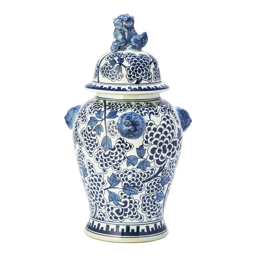 Two's Company Blue and White Peony Flower Covered Temple Jar with Lion Accents - Hand-Painted Porcelain