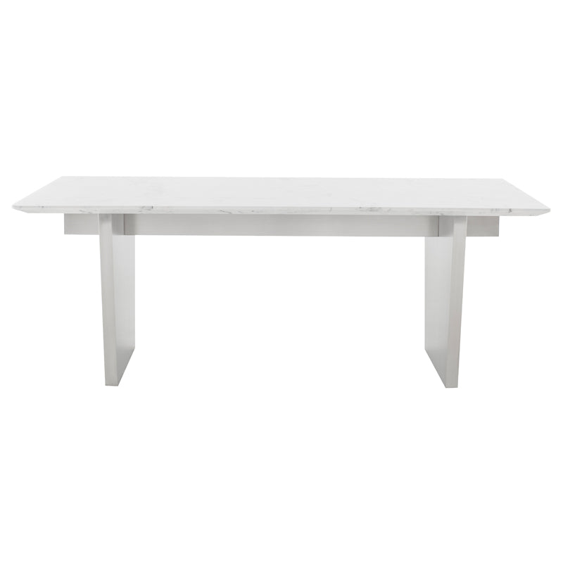Aiden White Marble Top Brushed Stainless Legs Dining Table | Nuevo - HGNA566