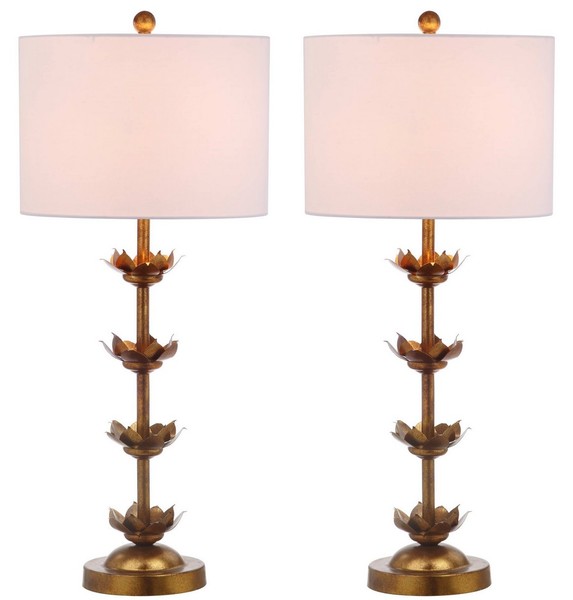 Safavieh Lani Leaf Table Lamp - Antiqued Gold /White Linen Shade (Set of 2)