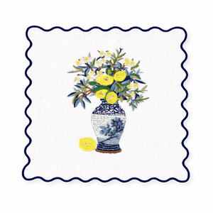 Set of 4 Lemon Floral Embroidered Cocktail Napkins