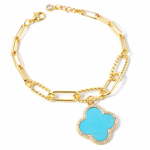 Turquoise Clover Paperclip Bracelet with CZ Accents