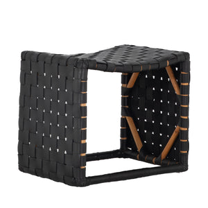 Dover Natural Rattan Leather Handwoven Stool - Black | Gabriella White - SCH-158050