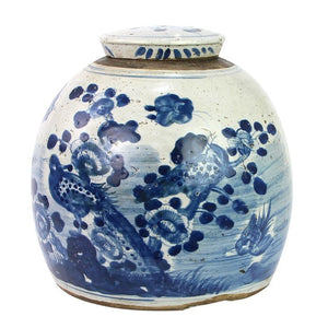 Extra Large Antiqued Bird/Floral Flat Top Jar