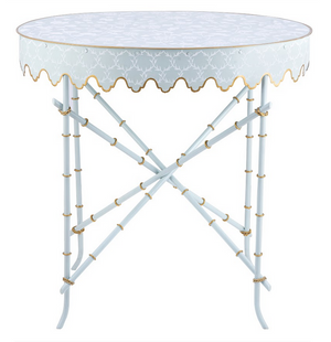 PALE BLUE & WHITE TRELLIS Oval SCALLOPED TABLE