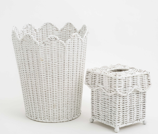 Beautiful White Wicker Scalloped Waste Paper Basket And Tissue | Enchanted Home - GLA192