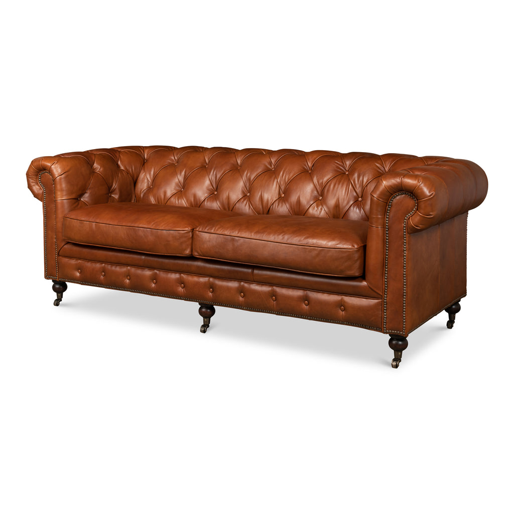 Tufted English Club Sofa Brown Leather | Sarreid Ltd - 53128