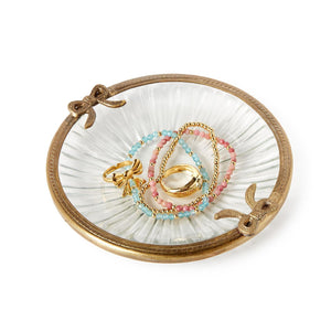 Antique Gold Finish Round Glass Trinket Tray w/Bow Accent | Two's Company - 55310