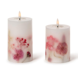 Set of 2 Flickering Flameless Wax Pillar Candles with Pressed Flowers and Melt Pool Effect Includes 2 Sizes | Two's Company - 55439