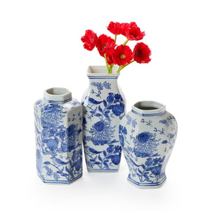 Set of 3 Chrysanthemum Hand-Painted Blue and White Vases Incl 3 Shapes | Two's Company - 55624