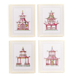 Set of 4 Pink Pagoda White Beaded Framed Wall Art Prints | Two's Company - 55656