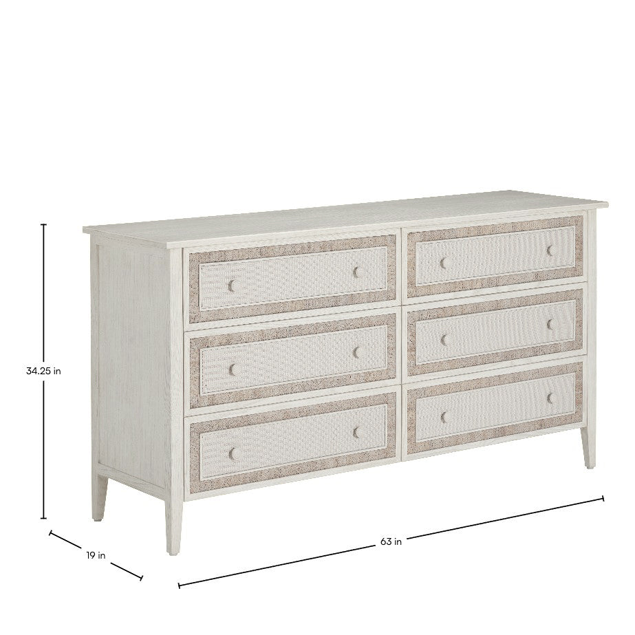 white washed wood dresser Narmada Mango with Rattan 120cm  Om Home & Garden along with bun feet and drawer handles with a transitional aesthetic Whitewashed Cottage Nine-Drawer Dresser
