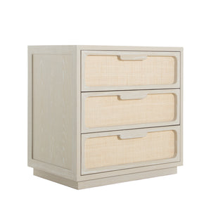 Serini Wood Seagrass Transitional Nightstand - 3 Drawers, Ceruse White | Gabriella White - SCH-175515