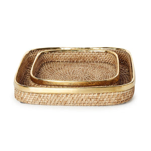 Set of 2 Rectangle Hand Woven Rattan Tray with Brass Rim Accent | Tozai Home - ANT001-S2