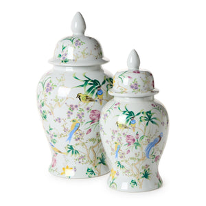 Set of 2 Bird & Blossom Chinoiserie Covered Temple Jar | Tozai Home - BLF176-S2