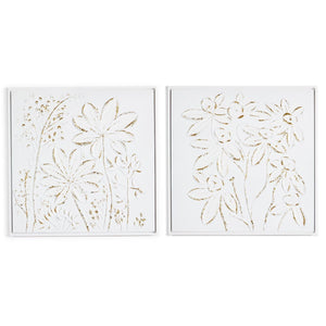 24" Sq. Set of 2 White Florals with Gold Accent Textured Plaster Wall Art | Tozai Home - DYM010-S2