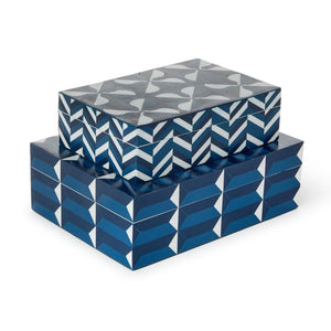 Set of 2 Cobalt Blue Covered Box with Inlaid Geometric Design | Tozai Home - ECA003-S2