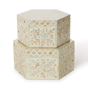 Opalescent, Set of 2 Mother of Pearl Hexagon Boxes | Tozai Home - LAC136-S2