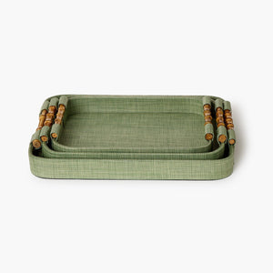 Monaco Set of 3 Green Faux Seagrass Nested Decorative Rectangle Trays with Oval Corner and Bamboo Handles | Tozai Home - MAC101GRN-S3