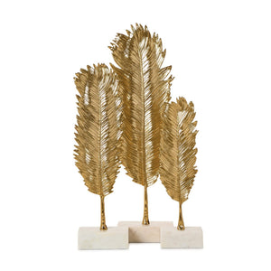 Set of 3 Golden Feather Leaf Sculpture on Marble Base | Tozai Home - NND002-S3