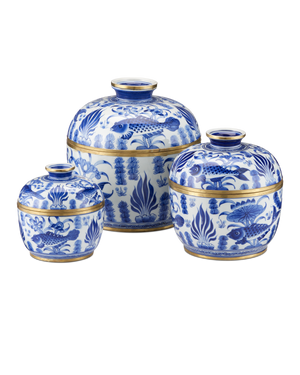 Blue & White Rice Tureen Set of 3 | Currey & Co - 1200-0969