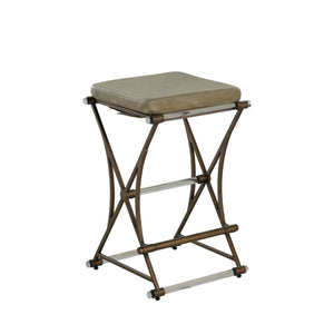 Flynn Leather Acrylic Metal Counter Stool - Antique Gold Light Gray | Gabriella White - SCH-160160