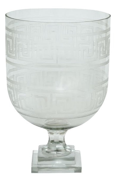 Etched Double Greek Key Footed Hurricane Medium | Enchanted Home - GLA026