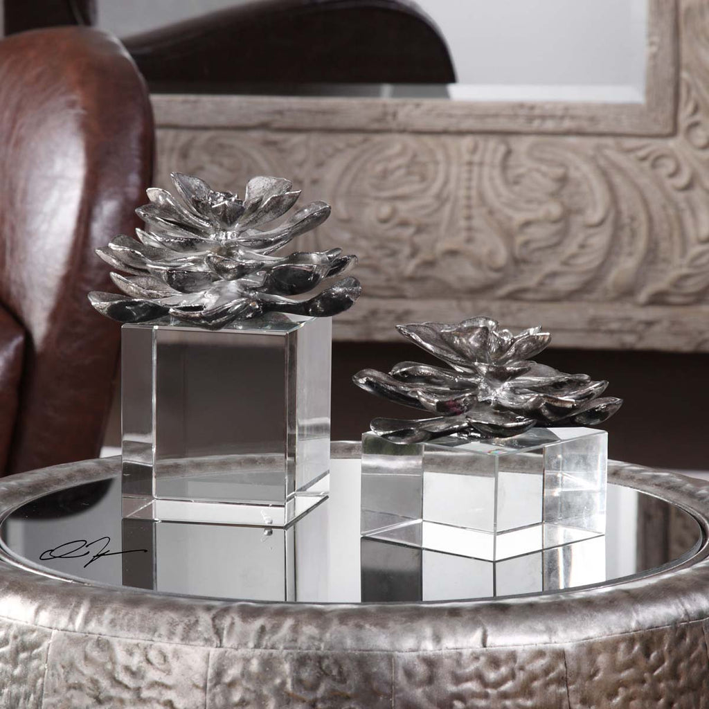 Uttermost Indian Lotus Metallic Silver Flowers S/2
