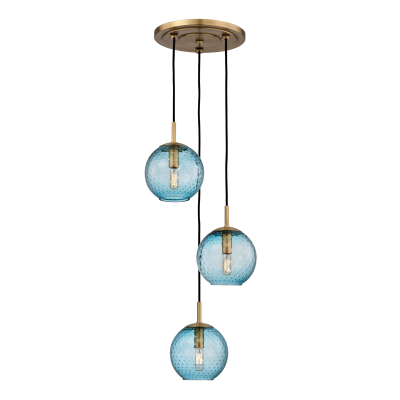 Hudson Valley Lighting 3 Light Pendant With Blue Glass - Aged Brass