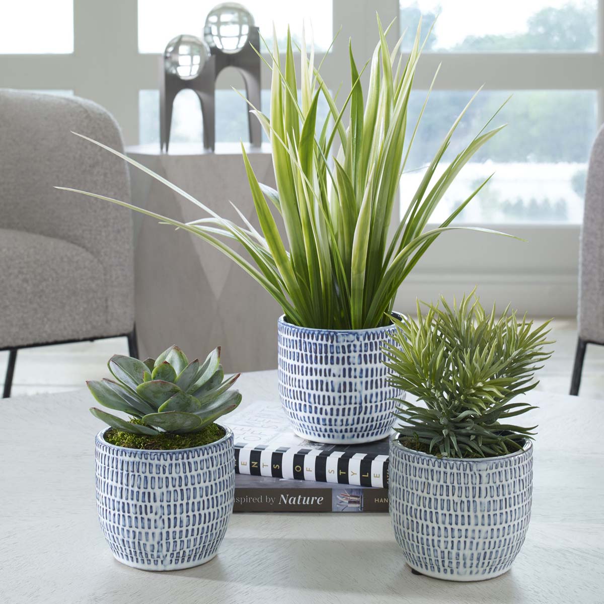 blue and white indoor plant pots Uttermost Puebla Greenery In Blue & White Pots, S/3