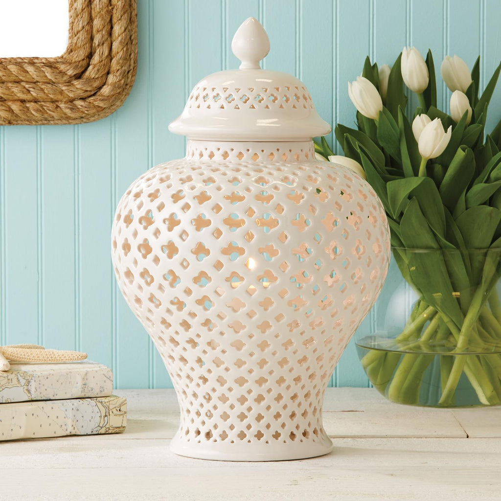 Two's Company Carthage Large Pierced Covered Lantern - Porcelain