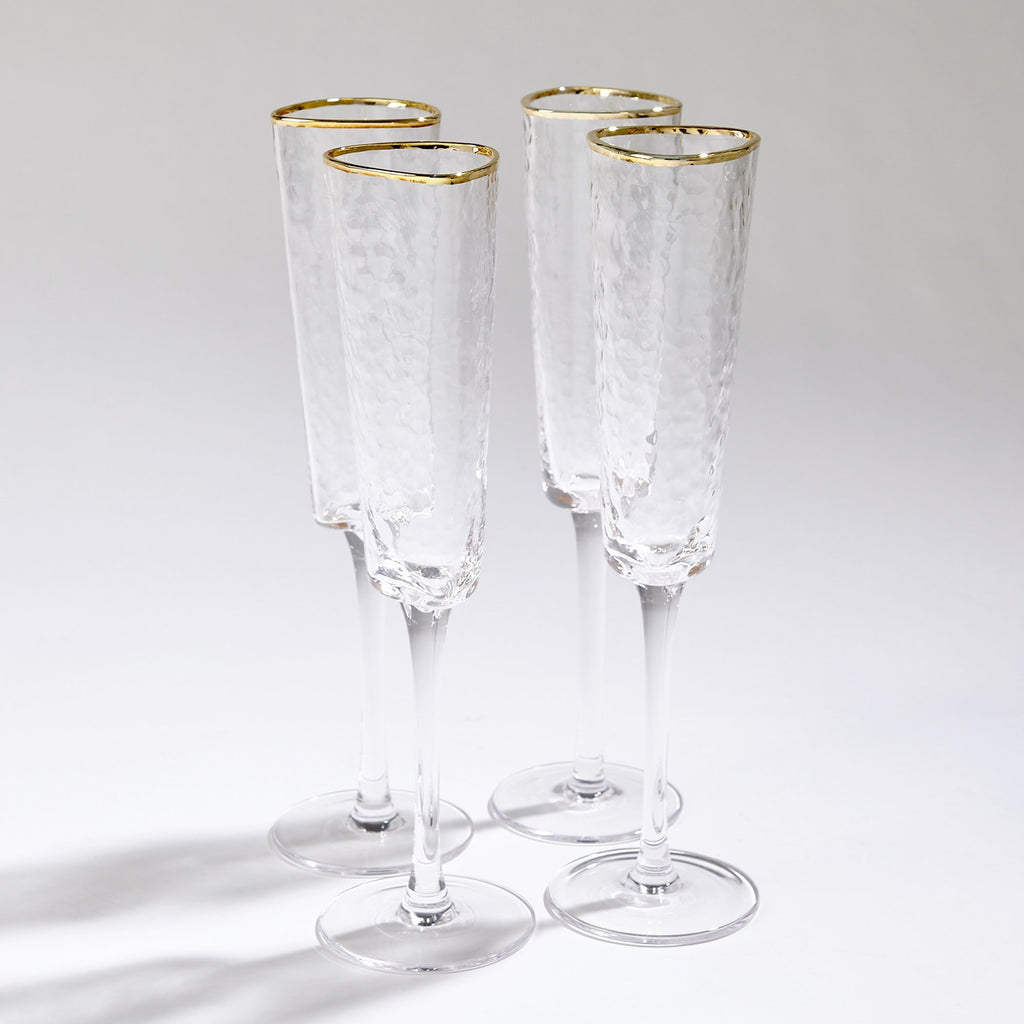 S/4 Hammered Champagne Glasses-Clear w/Gold Rim | Global Views - 8.82899