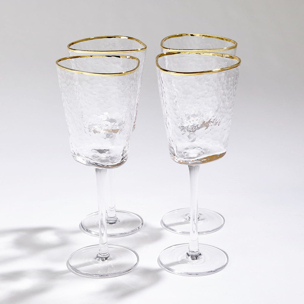 S/4 Hammered Wine Glasses-Clear w/Gold Rim | Global Views - 8.82900
