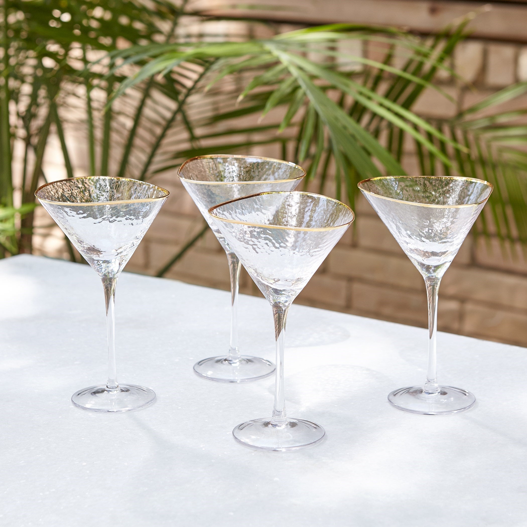 S/4 Hammered Martini Glasses-Clear w/Gold Rim
