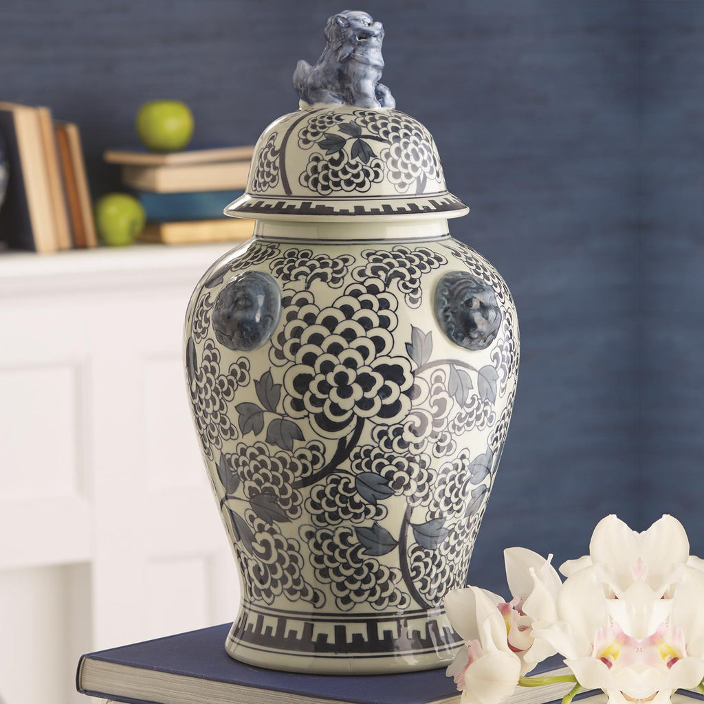 Two's Company Blue and White Peony Flower Covered Temple Jar with Lion Accents - Hand-Painted Porcelain