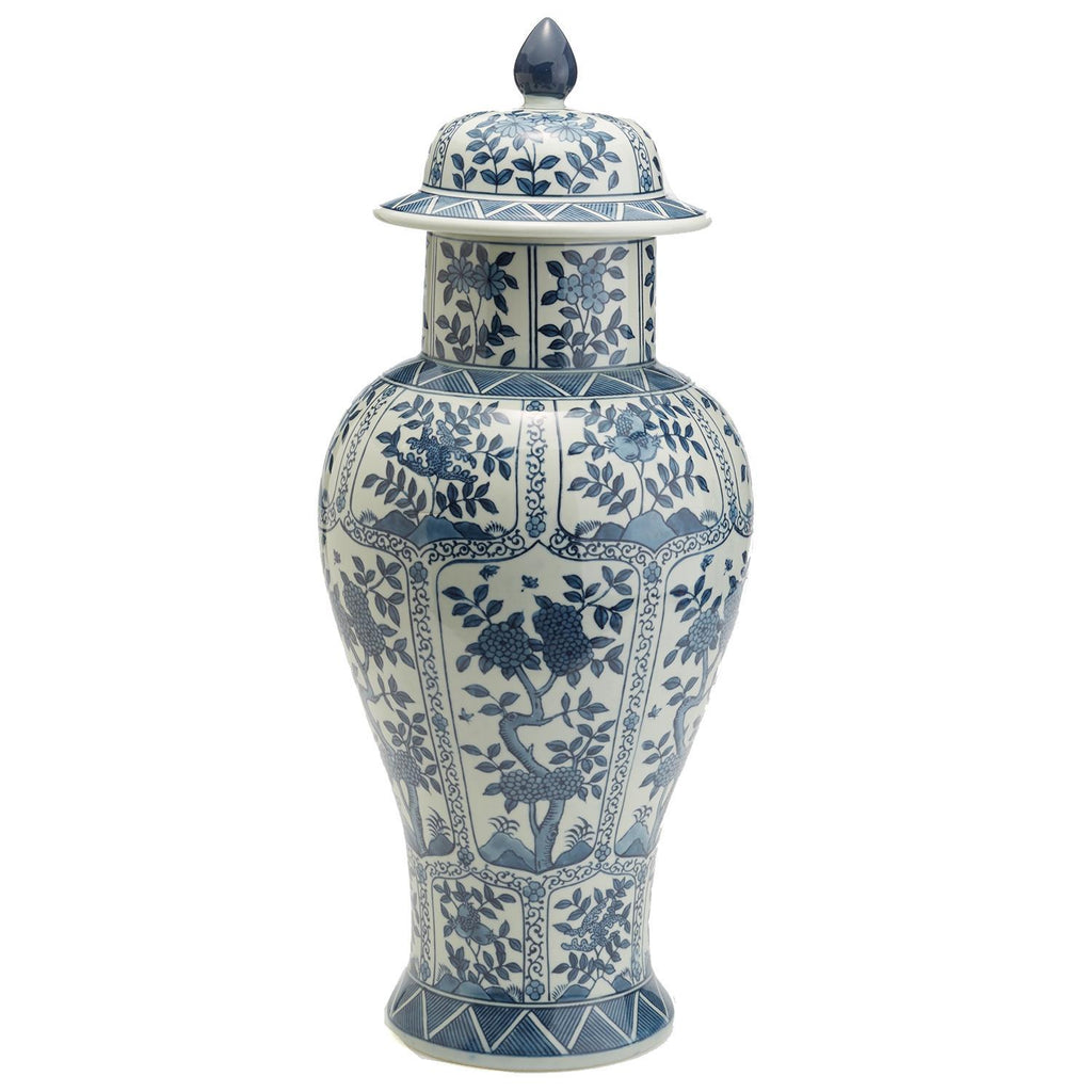 Two's Company Blue and White Chrysanthemum Flower Covered Temple Jar - Hand-Painted Porcelain