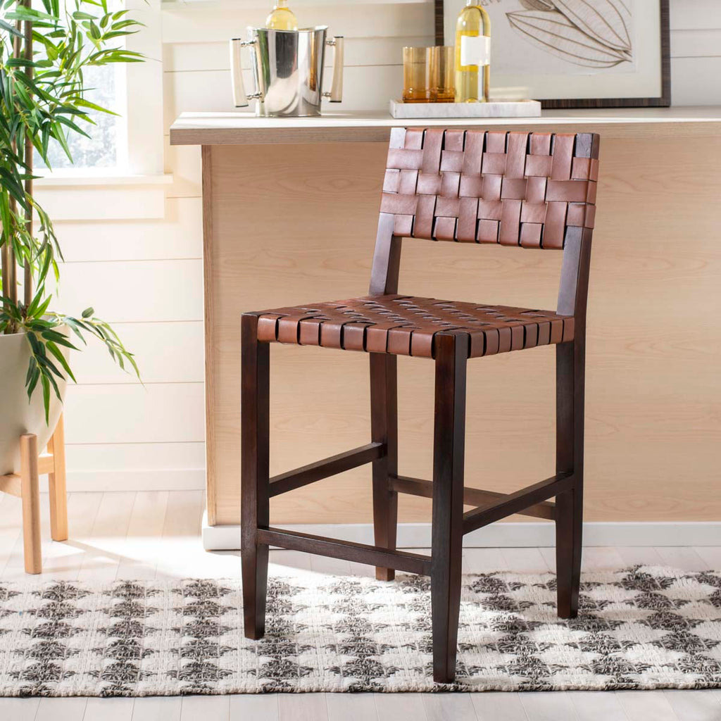 Safavieh Paxton Woven Leather Counter Stool - Cognac/Walnut Finish
