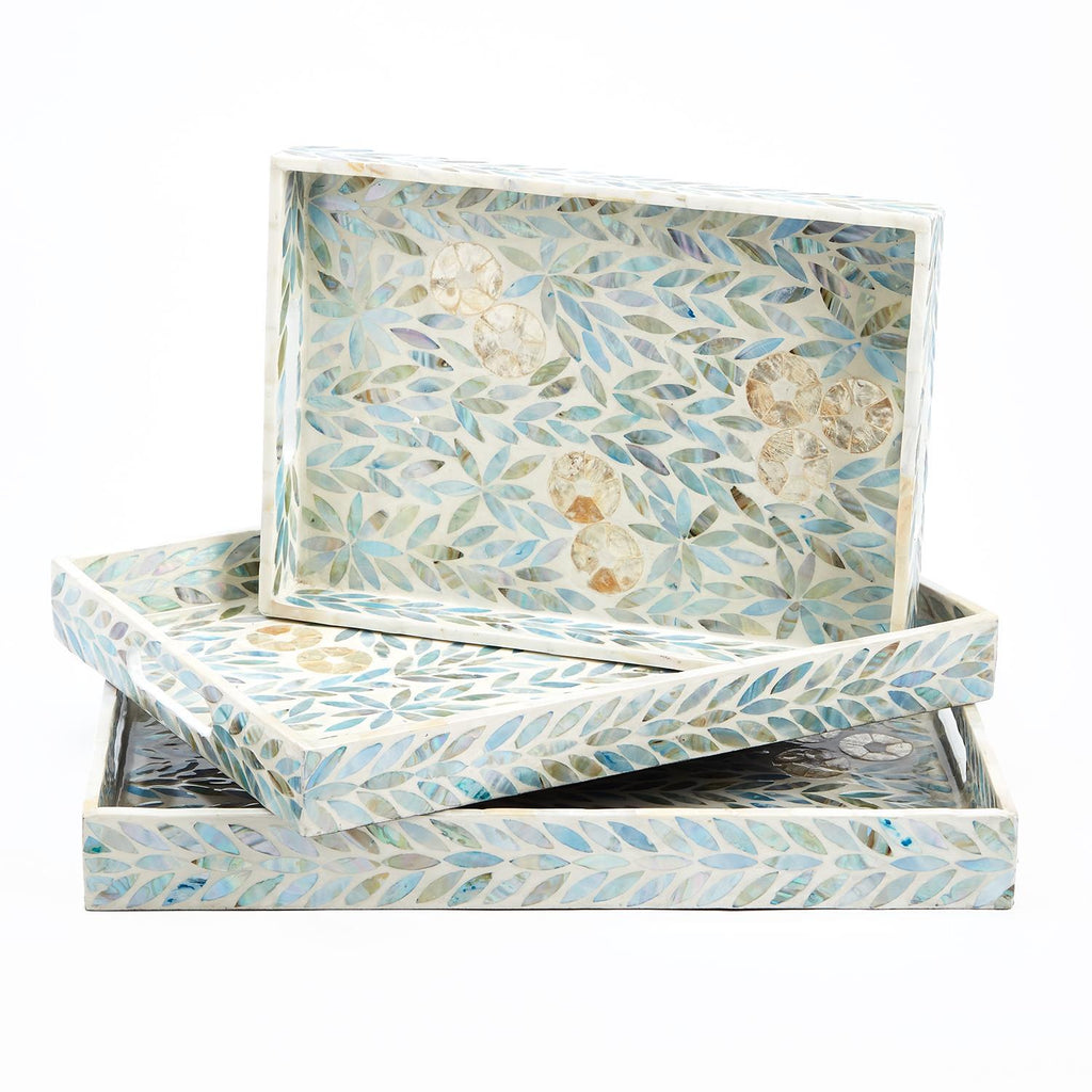 Two's Company Palawan Flower Mother of Pearl Lacquered Trays (set of 3)