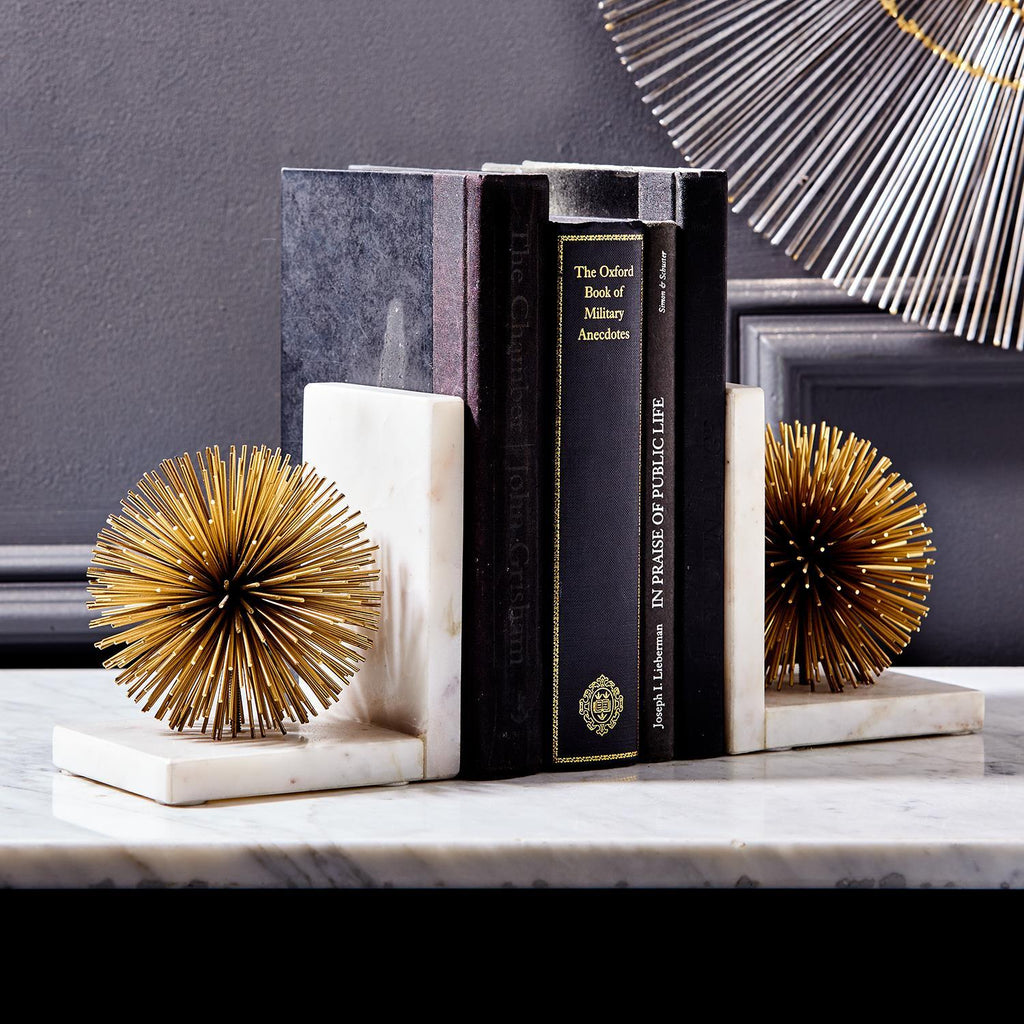 Two's Company Gold Starburst Bookends - Iron/Marble (set of 2)