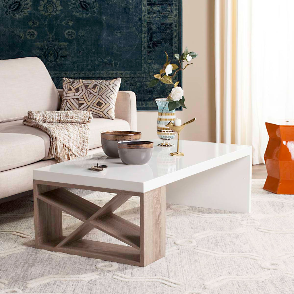 Safavieh Carlton Modern Scandinavian Side Storage Lacquer Coffee Table - White/Light Oak