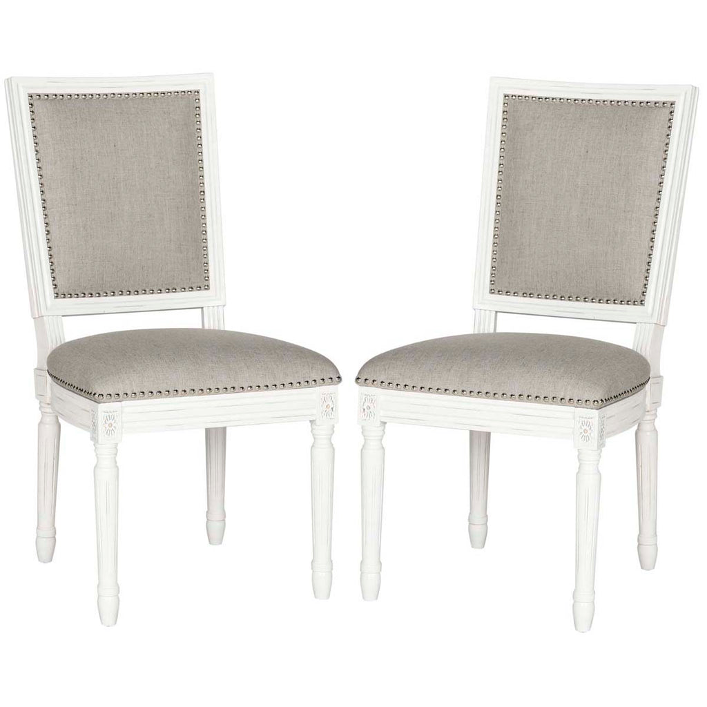Safavieh Buchanan 19''H French Brasserie Linen Rect Side Chair Silver Nail Heads-Light Grey/Cream (Set of 2)