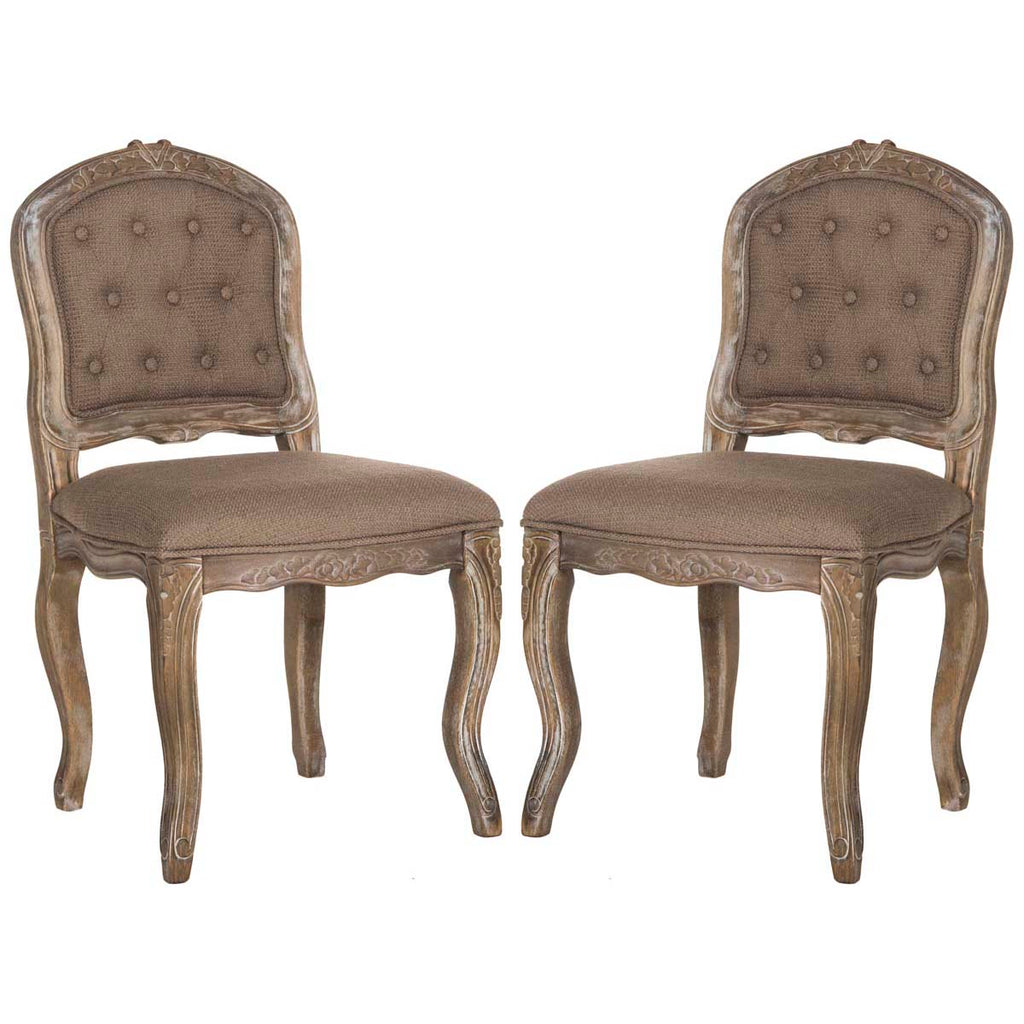Safavieh Eloise 20''H French Leg Dining Chair-Dark Brown Linen/Rustic Oak (Set of 2)