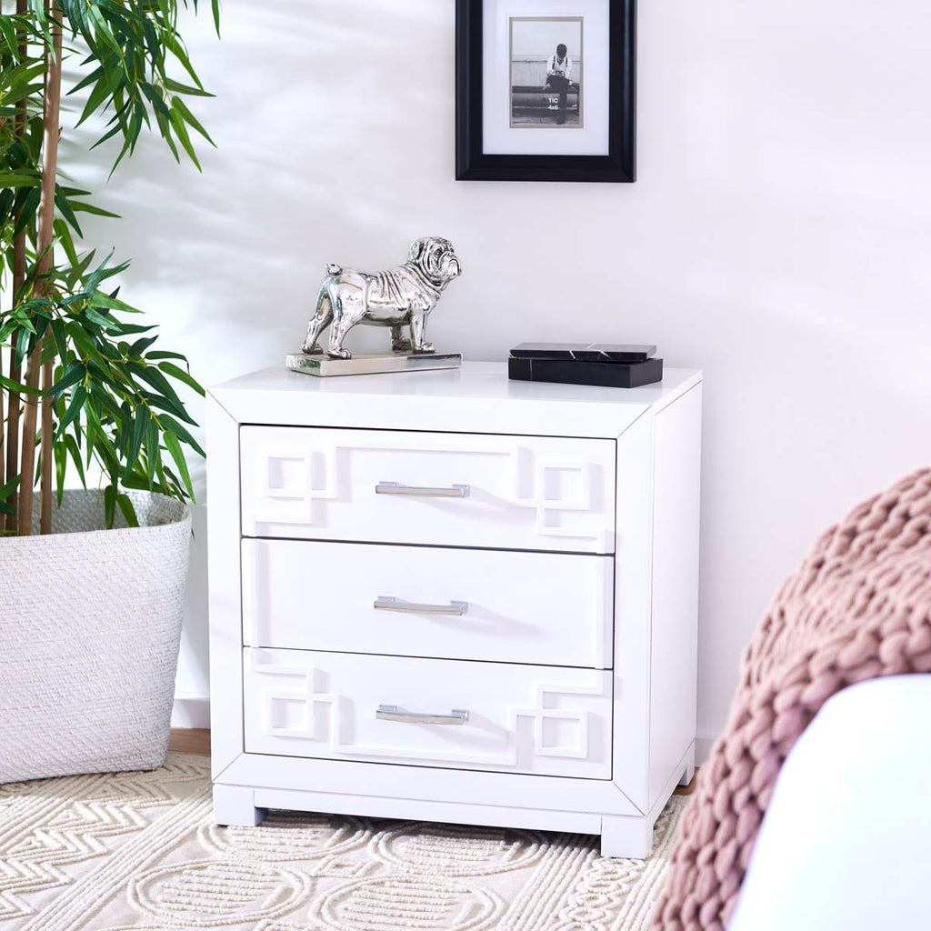 Safavieh Raina Three Drawer Greek Key Night Stand  - White / Silver