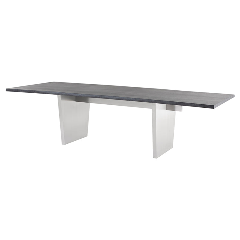 Aiden Oxidized Grey Oak Top Brushed Stainless Legs Dining Table | Nuevo - HGNA456