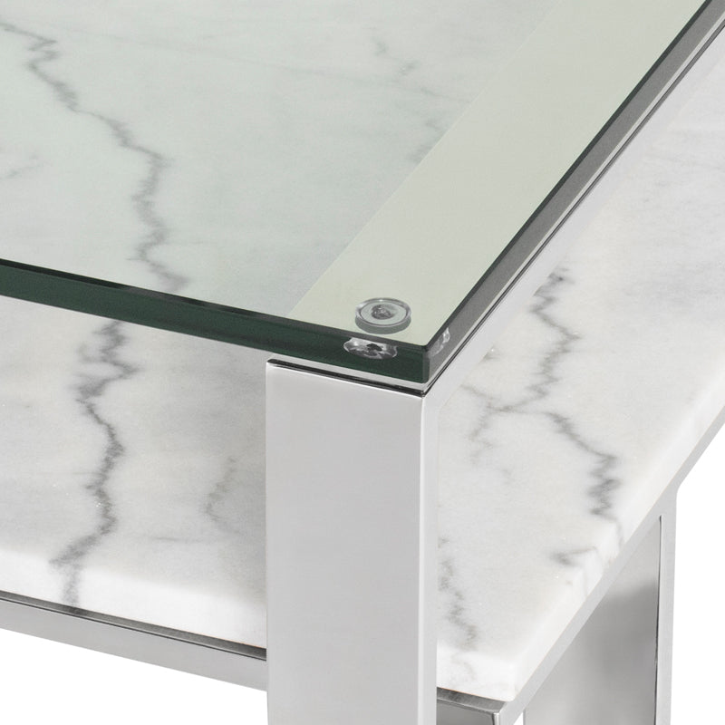 Tierra White Marble Shelf Polished Stainless Base Coffee Table | Nuevo - HGNA512