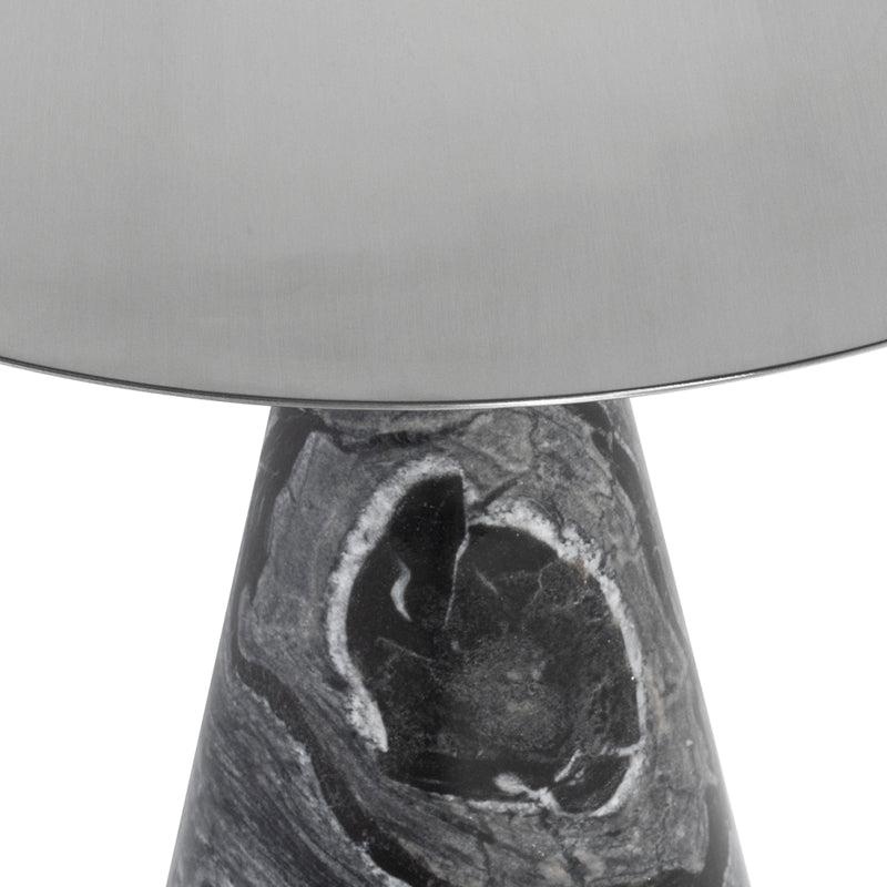 Iris Brushed Stainless Top Black Wood Vein Marble Base Side Table | Nuevo - HGNA540
