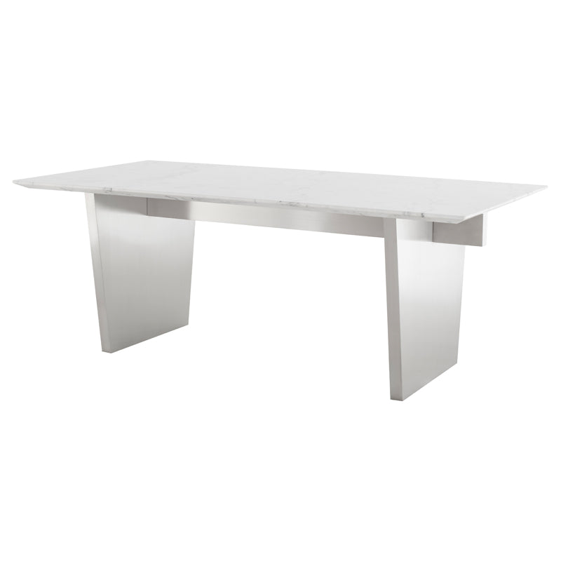 Aiden White Marble Top Brushed Stainless Legs Dining Table | Nuevo - HGNA566