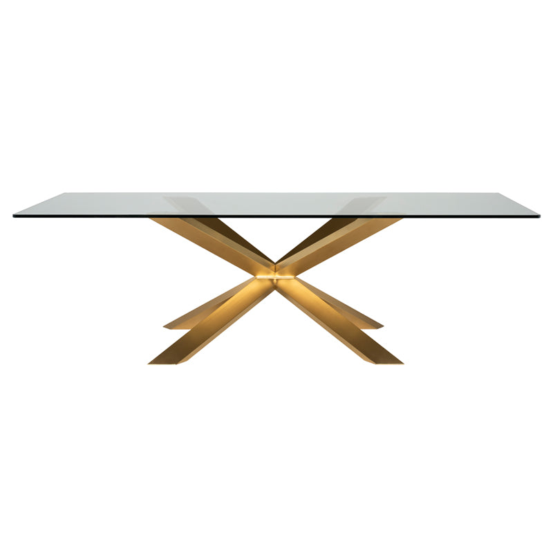 Couture Brushed Gold Base Clear Tempered Glass Top Dining Table | Nuevo - HGSX149