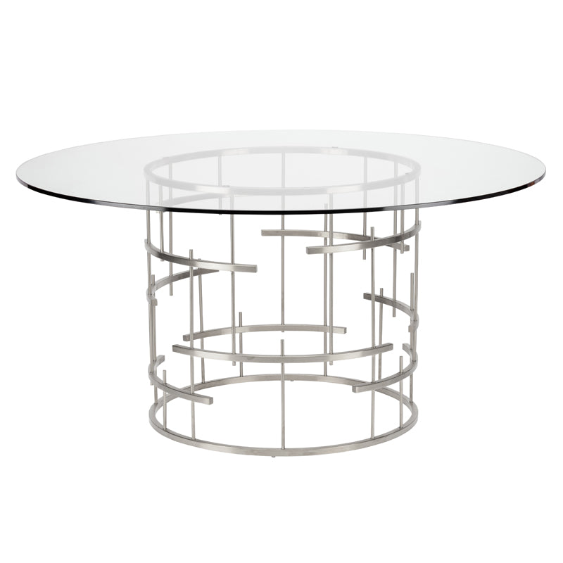 Round Tiffany Polished Stainless Base Clear Tempered Glass Top Dining Table | Nuevo - HGSX214