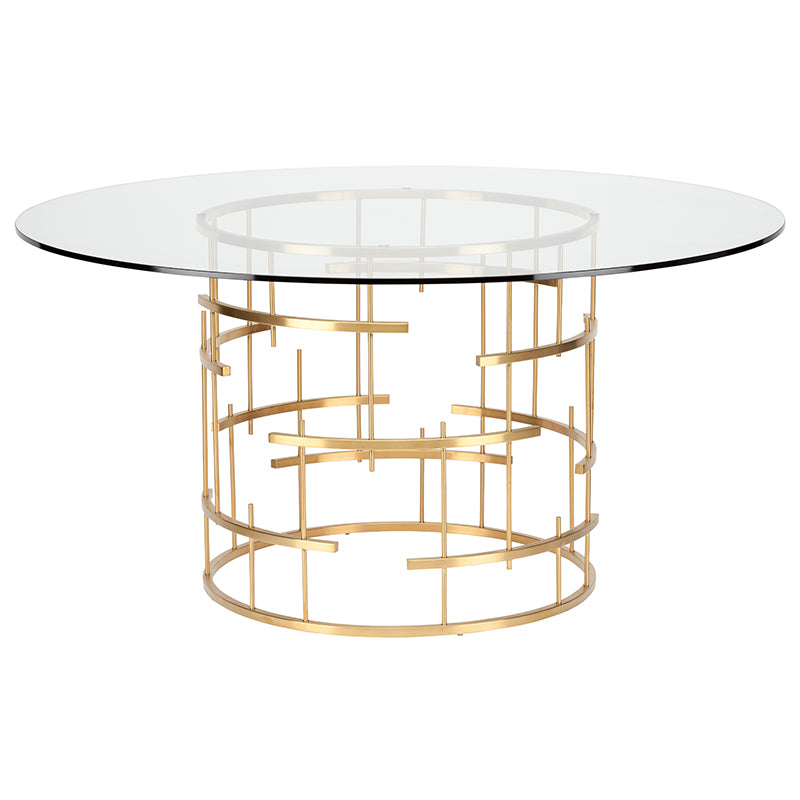 Round Tiffany Brushed Gold Base Clear Tempered Glass Top Dining Table | Nuevo - HGSX216