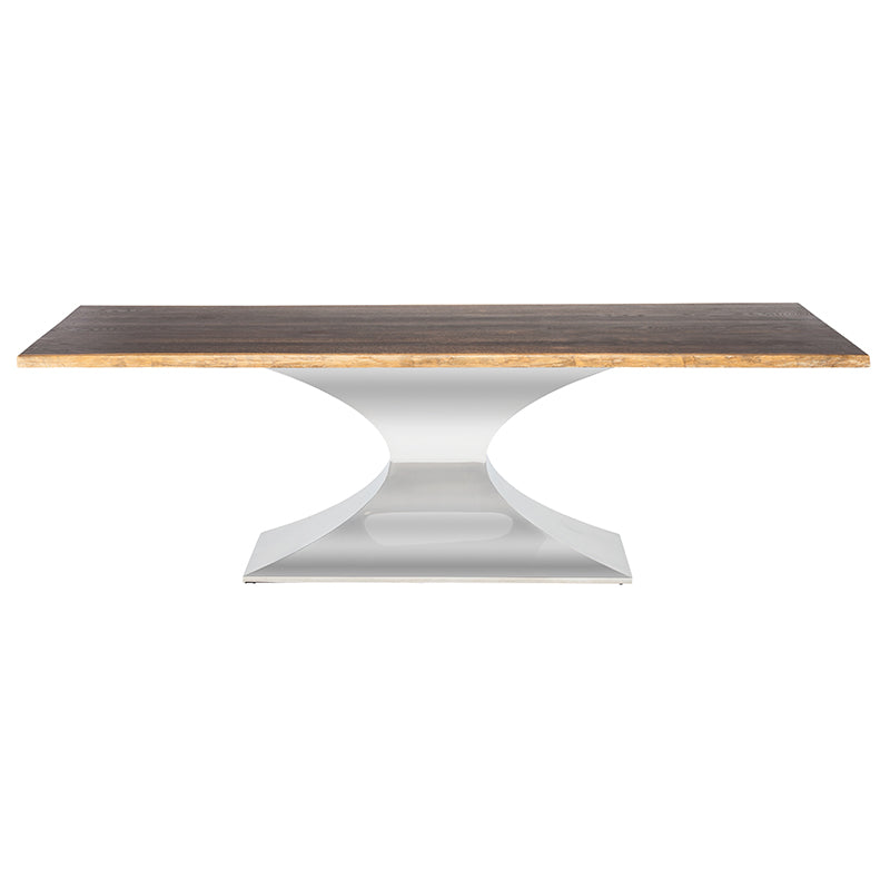 Praetorian Seared Oak Top Polished Stainless Base Dining Table | Nuevo - HGSX228